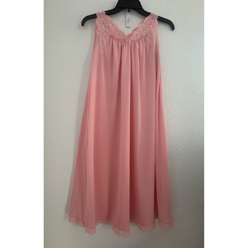 Shadowline Petite Womens Nightgown Lingerie Coral Nylon Lace Sz M 60s Coquette